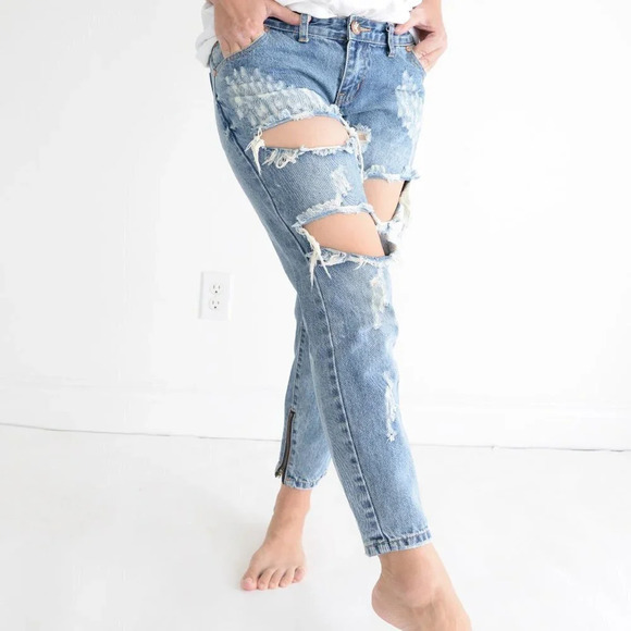 One Tea Spoon Blue "Trashed Free Birds" Extreme Distressed Straight Tapered 27 - Picture 3 of 15